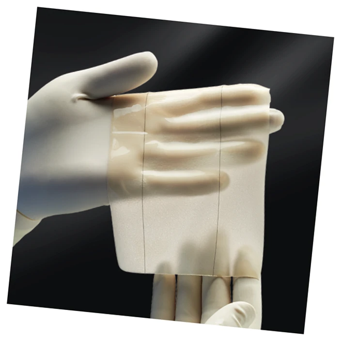 Gloved hands holding up engineered dermal tissue