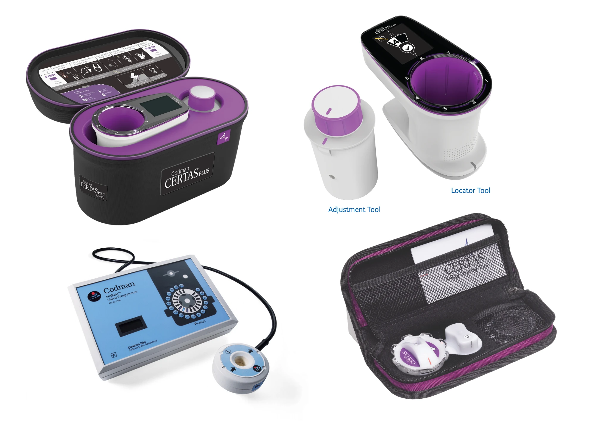 Various Hydrocephalus products, including the Adjustment Tool and the Locator Tool.