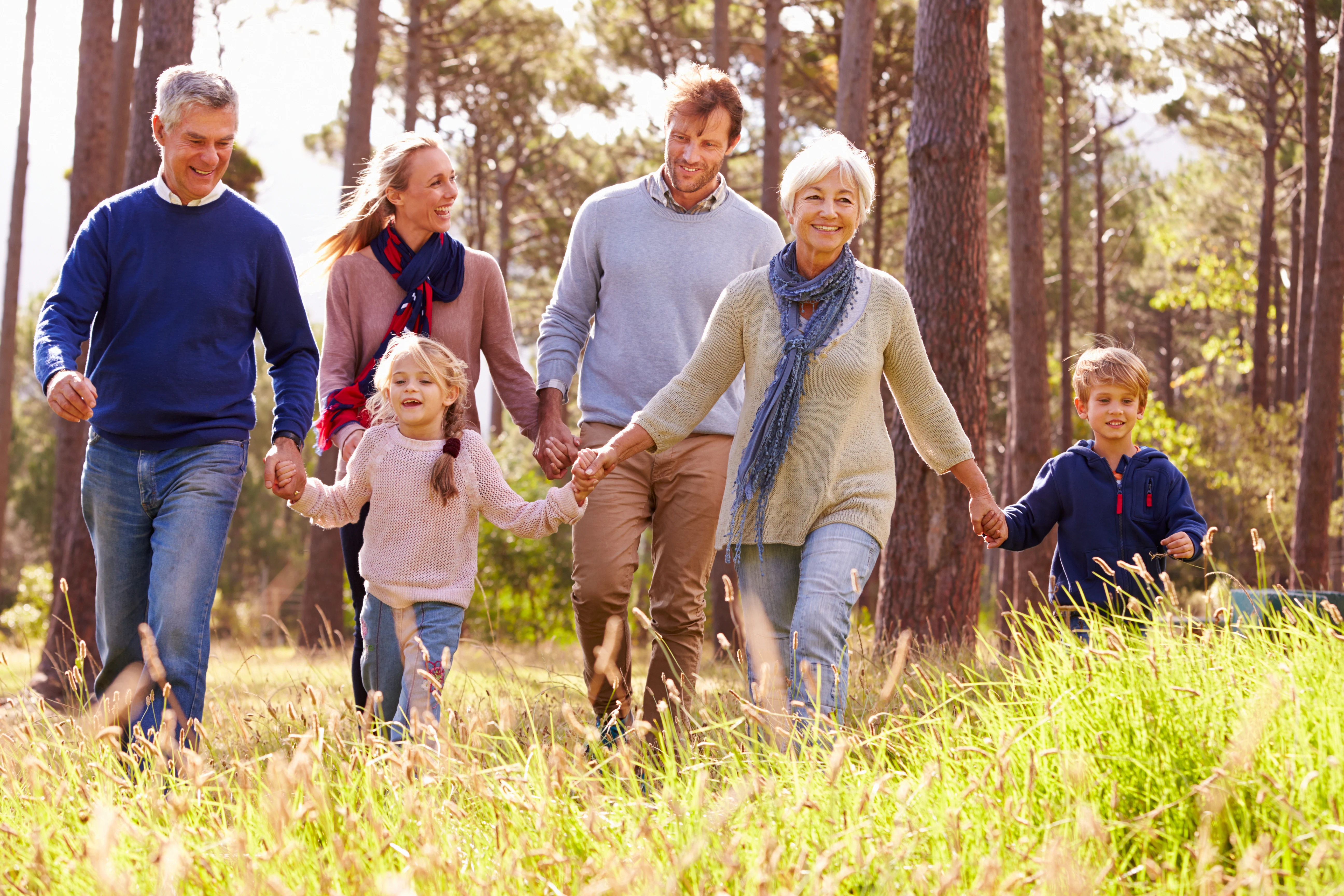 Family walking together, holding hands, in nature.