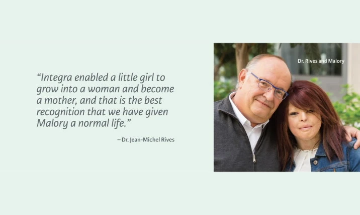 Photo of man an woman with quote: "Integra enabled a little girl to grow into a woman and become a mother, and that is the best recognition that we have given Malory a normal life"